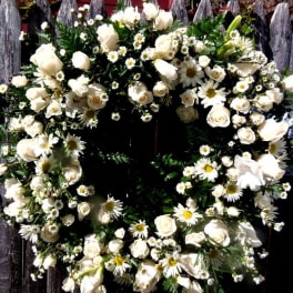 White rose and daisy wreath on a dark background