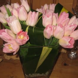 Pink tulips arranged in a tall glass vase