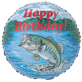 Round birthday balloon with a jumping fish and lake scene