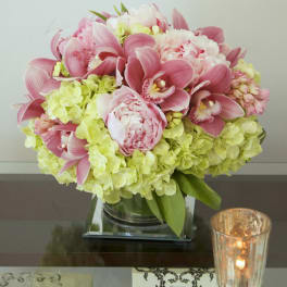 Pink And Green Pastel Vase Orchids,Hydrangea
