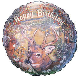 Round birthday balloon with deer illustration and forest scene