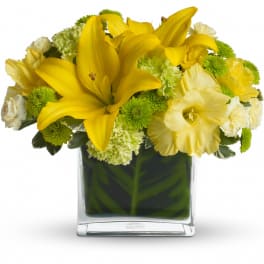 Short yellow and white lily and carnation arrangement in a clear glass cube vase