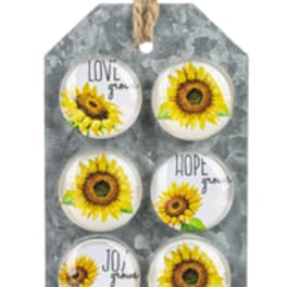 Sunflower-themed hanging plaque with six round inserts