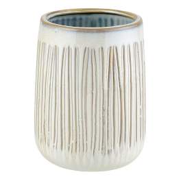 Textured ceramic vase with vertical ridges and a metallic rim