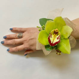 Green orchid corsage on a wrist with a sheer ribbon