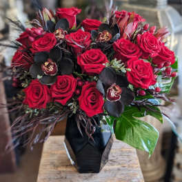 Red roses arranged in a black geometric vase with dark orchids