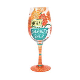 Decorative wine glass with "Best Daughter Ever" text and orange floral pattern