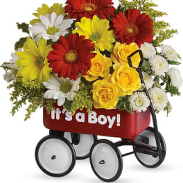 Bouquet in a red wagon with "It's a Boy!" text