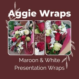 Maroon and white rose bouquet wraps with mixed flowers