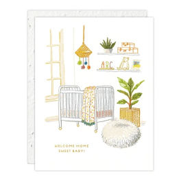 Baby shower card with a nursery scene and "Welcome Home Sweet Baby!" text