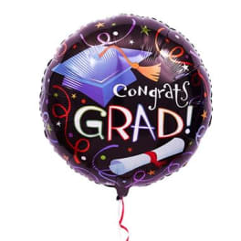 Round graduation balloon with a cap, diploma, and "Congrats Grad!" text