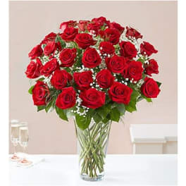 A bouquet of red roses in a clear glass vase