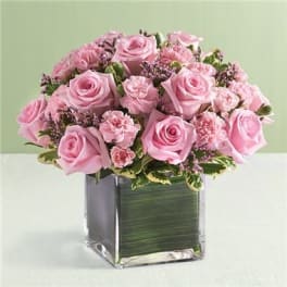 Pink roses and carnations arranged in a clear square vase.