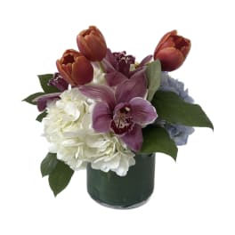 Bouquet of tulips, orchids, and hydrangeas in a dark glass vase
