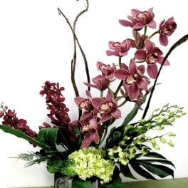 Purple orchids arranged in a square vase with green hydrangea