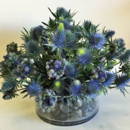 Blue thistle bouquet in a glass bowl vase with stones
