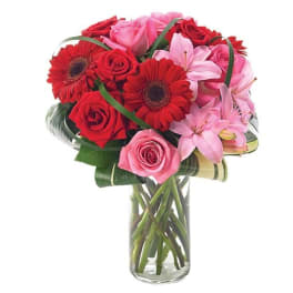 Bouquet of red and pink roses with red gerbera daisies in a glass vase