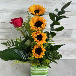 Sunflowers and a red rose in a striped glass vase