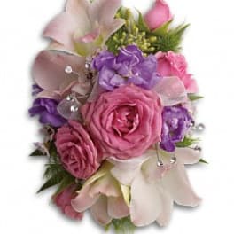 Pink and purple bouquet with roses and calla lilies