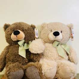 Two plush teddy bears with green ribbons sitting side by side
