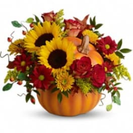 Pumpkin-shaped arrangement with sunflowers and red flowers