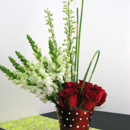 Red roses and white snapdragons in a polka-dot container