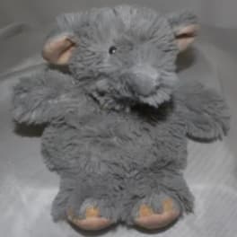 Gray plush teddy bear with beige paws and ears