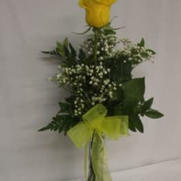 Yellow rose in a glass vase with baby's breath and ribbon