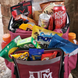 Texas A&M cooler bag filled with assorted snacks and drinks