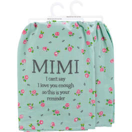 Mint green floral-print blanket with the word MIMI and a message