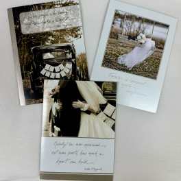 Three wedding-themed greeting cards with photos of a bride and groom