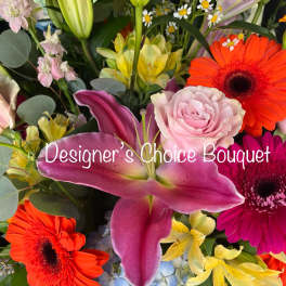 Mixed bouquet with lilies, gerbera daisies, roses, and hydrangea