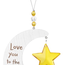 Moon-shaped hanging ornament with a yellow star and "Love You to the Moon and Back" text