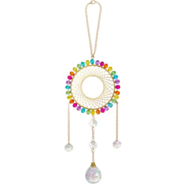 Rainbow beaded dreamcatcher pendant with dangling crystals