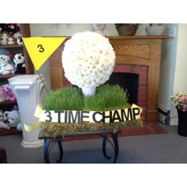 White chrysanthemum topiary with a "3 TIME CHAMP" ribbon