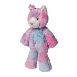 Pastel pink, blue, and purple plush teddy bear on a white background