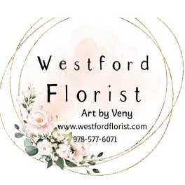 Westford Florist logo with watercolor flowers and gold circles