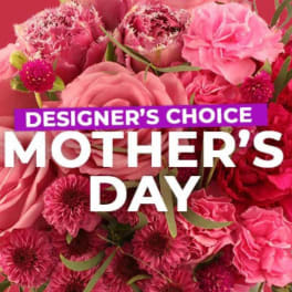 Pink floral arrangement with large text reading Mother's Day