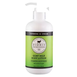 Bottle of goat milk body lotion with a green label