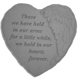 Heart-shaped memorial plaque with angel wings and a sympathy quote