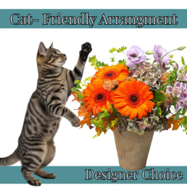 Cat beside a mixed flower arrangement in a rustic vase