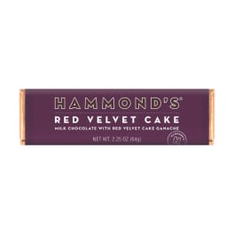Purple candy bar wrapper labeled Hammond's Red Velvet Cake