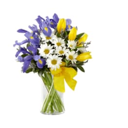 Bouquet of purple irises, white daisies, and yellow tulips in a clear glass vase