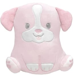 Pink plush dog toy with white face and paws