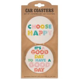Packaged set of two round car coasters with colorful text