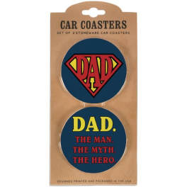 Packaged set of two round car coasters with Dad-themed graphics