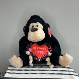 Plush gorilla holding a heart that says "All I need is love"