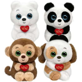 Four plush animals holding red XOXO hearts on a white background