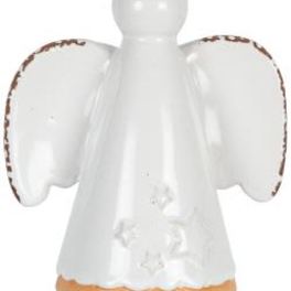 White angel ornament with a rope hanger and brown trim