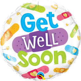 Round balloon with "Get Well Soon" text and colorful bandage graphics